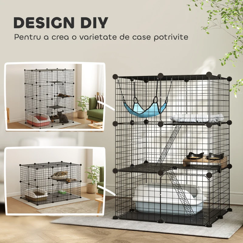 PawHut Cușcă pentru Pisici Gard Personalizabil pe 3 Niveluri, 105 cm, Negru