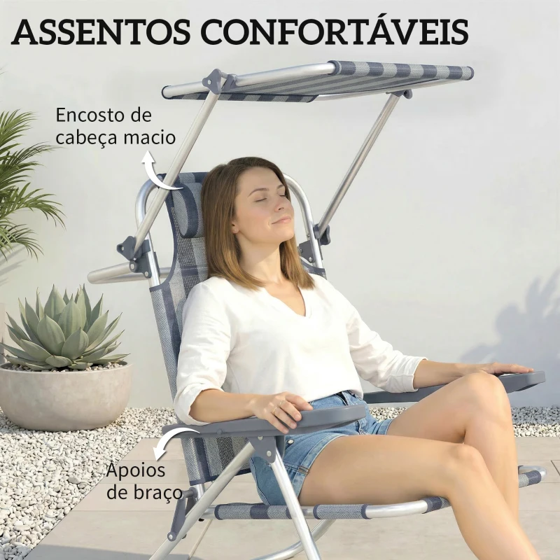 Outsunny Conjunto de 2 Cadeiras de Praia Dobráveis com Toldo Ajustável, Encosto Reclinável em 6 Posições e Apoio de Cabeça, Azul e Branco