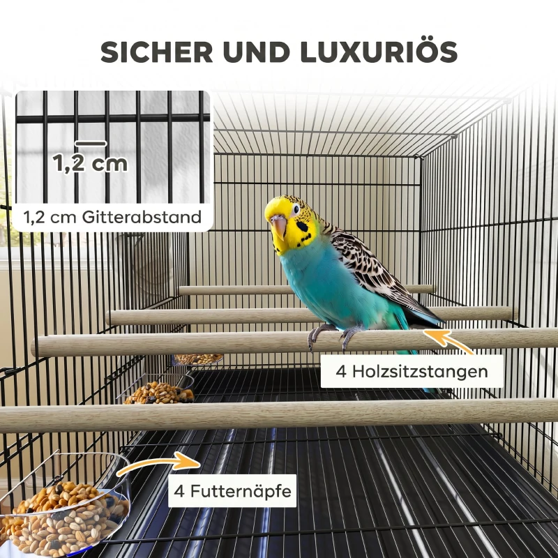 PawHut Vogelkooi/Vogelvolière met Wielen, 2 Deuren, 4 Zitstokken, Opbergplank, Metaal, 76 x 46 x 116 cm, Zwart
