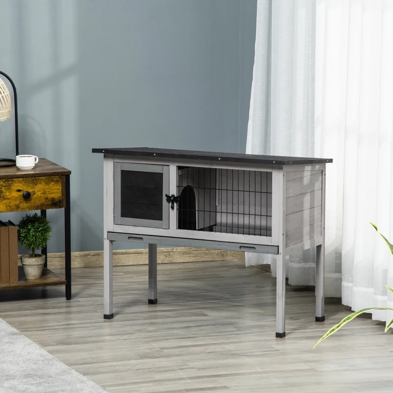 PawHut Conigliera Rialzata in Legno da Esterni con Tettuccio Apribile e Vassoio per Roditori 86x45x70cm