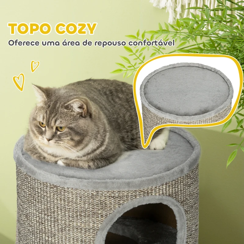 PawHut Barril para Arranhar Gatos de 3 níveis Torre para Arranhar Gatos com 3 Entradas e Tampa em Sisal Ø38x70cm Cinzento Claro