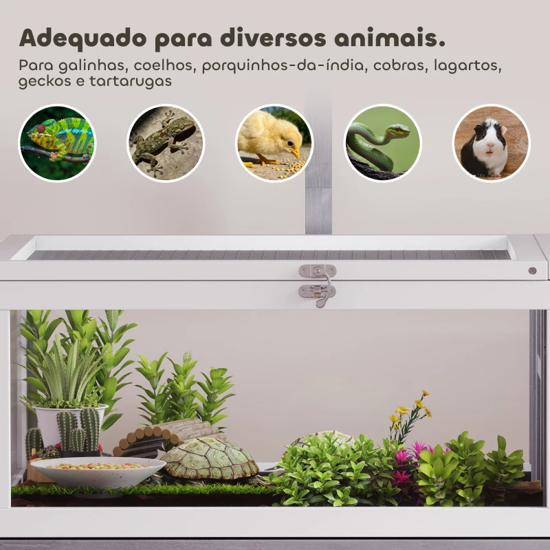 PawHut Casa para Tartarugas em Madeira Terrário para Répteis com 2 Tetos Articulados Bandeja Removível Suporte para Lâmpada 104x53x82 cm Branco e Cinza