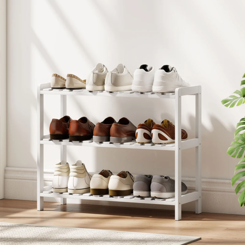 HOMCOM Étagère à chaussures, porte-chaussures 3 niveaux, étagères à lattes, en bois de pin， 70 x 26 x 57,5 cm, blanc