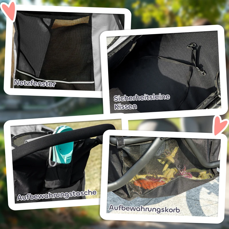 PawHut Hondenbuggy, huisdierenwagen voor kleine honden en katten, met opbergmand, één-klik inklapdesign, grijs(m-8)