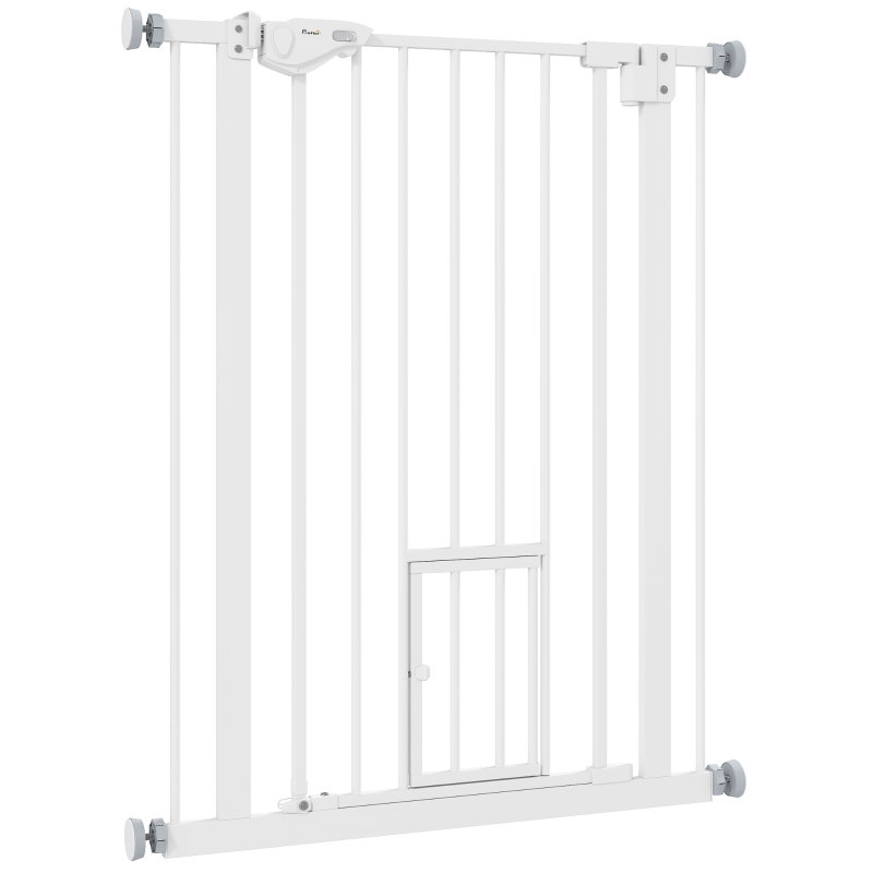 PawHut Deurhekje met Kattenluikje, Montage Zonder Boren, Variabele Breedte 74-80 cm, Met Één Hand Te Openen, Metaal, Wit