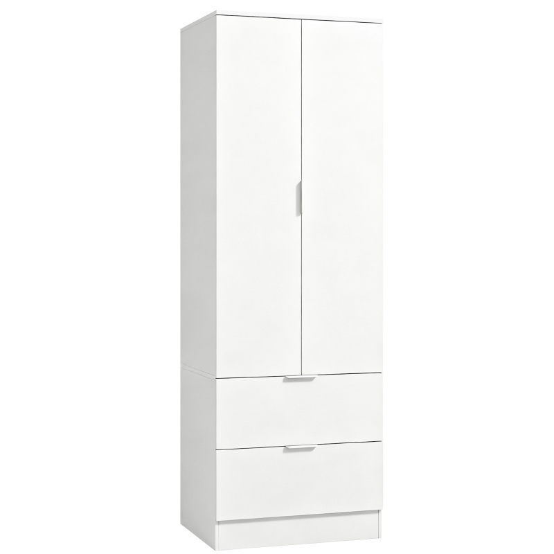 HOMCOM Armoire Chambre Penderie avec 2 Tiroirs, 2 Portes à Fermeture Douce et Barre de Suspension, 60 x 47 x 180 cm, Blanc