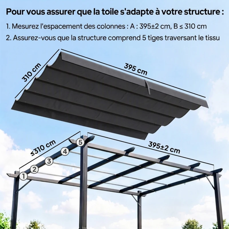 Outsunny Toile de Toit pour pergola Bâche pour Pergola rétractable de 4 x 3 m, Toile Uniquement 392 x 350 cm, Gris foncé