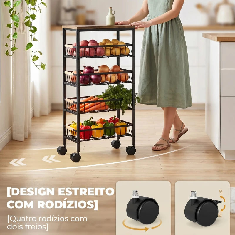 HOMCOM Carrinho Auxiliar com Rodas, 4 Cestos Amovíveis, 15 kg, Estrutura Metálica, para Sala de Jantar, 40x24x81,5 cm, Castanho Rústico