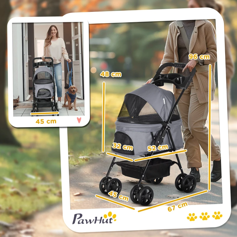 PawHut Poussette pour chien et chat pliable, 4 roues avec freins, tissu Oxford 300D imperméable, panier de rangement, gris