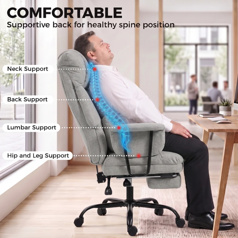 HOMCOM Office Chair, 180kg Heavy Duty Linen Computer Desk Chair with Lumbar Support, Wide Seat, Spring Cushion, Grey