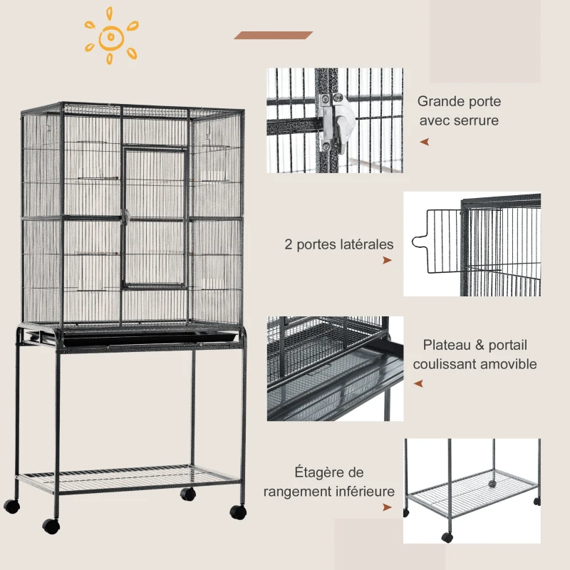 PawHut Cage à Oiseaux Portable avec 4 Mangeoires et 4 Perchoirs Pratique 77 x 47 x 163 cm Noir et Gris