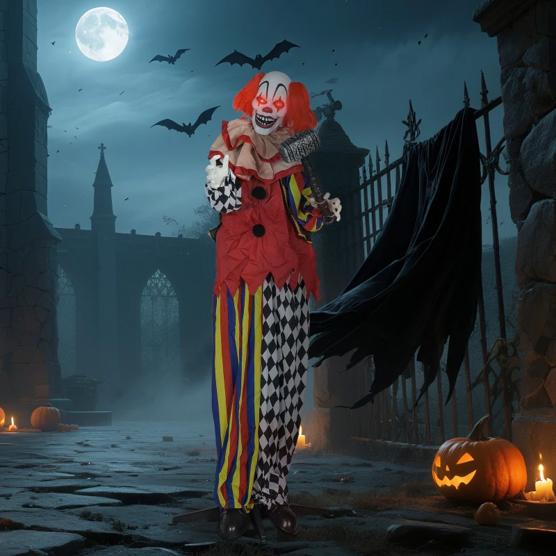 Outsunny Angstaanjagende Clown, Halloween-animatronic, 173 cm, oplichtende ogen, Geluid Activering, Beweegbare Armen en Hoofd, Batterijgevoed, Kunststof, Metaal, Rood(m-9)