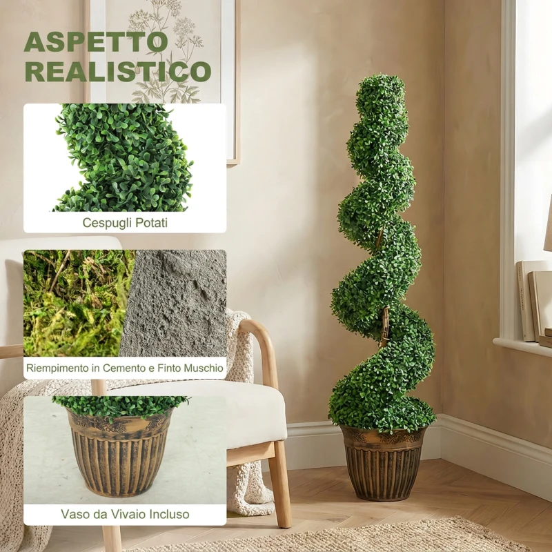 HOMCOM Set 2 Piante Finte di Bosso a Spirale 120cm con Vaso Incluso, per Decorazione Interno ed Esterno, Verde