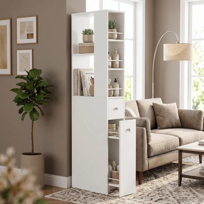 HOMCOM Mobile Colonna Bagno con 2 Cassetti, 2 Ripiani e 3 Scomparti, in Legno, 18x40x135 cm, Bianco