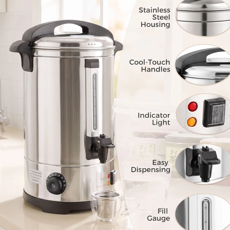 HOMCOM 13L Catering Urn, 2500W Stainless Steel Hot Water Boiler Dispenser with Thermostat, Keep Warm Function and Easy Pour Tap