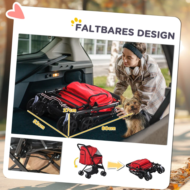 PawHut Hondenbuggy Hondenwagen voor kleine honden Katten Dierenwagen Oxford Rood