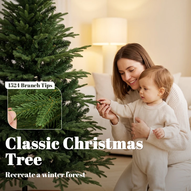 HOMCOM 150cm Artificial Christmas Tree Full Hinged Xmas Tree Solid Pine Wood Stand, Green