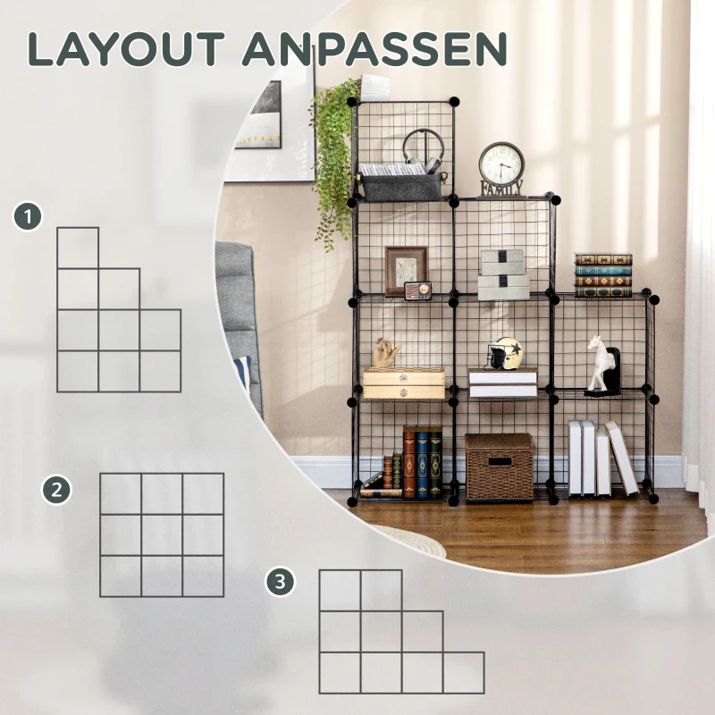 HOMCOM kubusrek, opbergkast, schoenenrek, 9 kubussen, modulaire opbouw, staal, zwart, 35 x 35 x 35 cm per kubus(m-4)