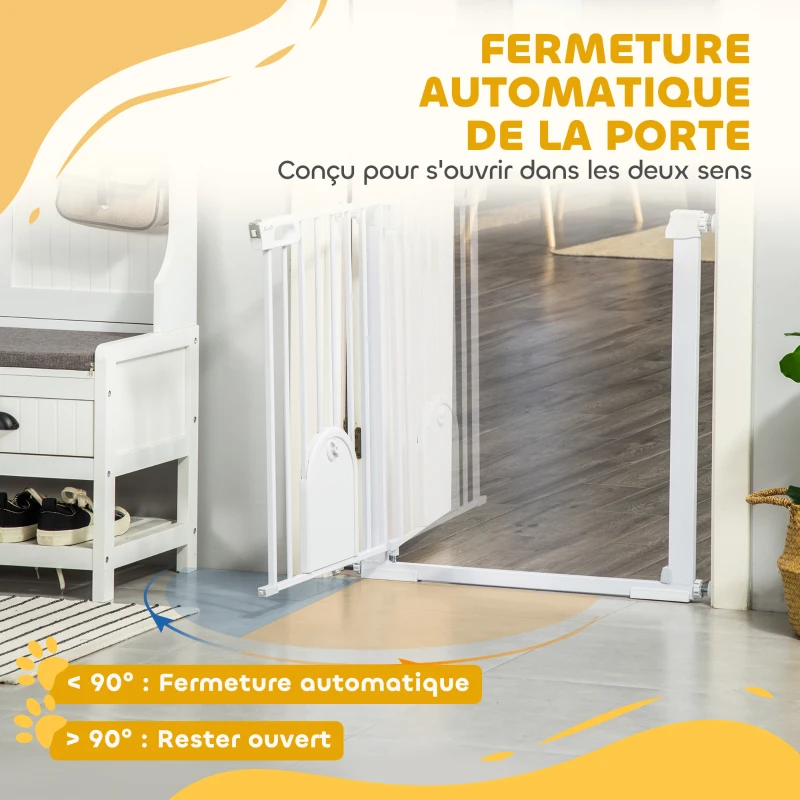 PawHut Barrière de sécurité animaux avec porte fermeture automatique système de double verrouillage, acier blanc