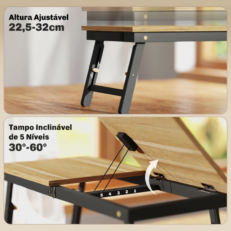 HOMCOM Mesa Reclinável para Cama e Sofá, Bandeja Dobrável com Gaveta Lateral para Portátil e Livros, 5 Alturas, Carvalho