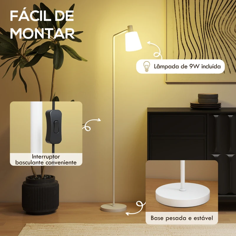 HOMCOM Candeeiro de Pé LED Regulável com Ecrã Giratório 350° 3 Temperaturas de Cor 3000K/4000K/6500K 45x21x148 cm Branco