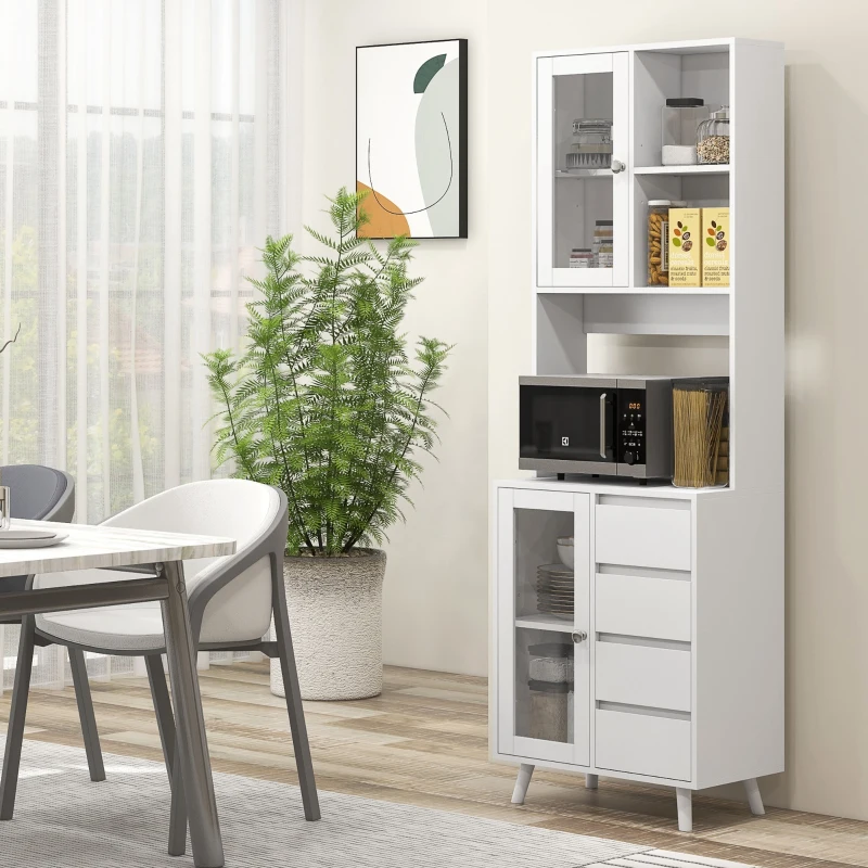 HOMCOM Armário de Cozinha com 2 Armários com Portas de Vidro Temperado 2 Compartimentos Abertos 4 Gavetas e Prateleiras Ajustáveis 60x35x180 cm Branco
