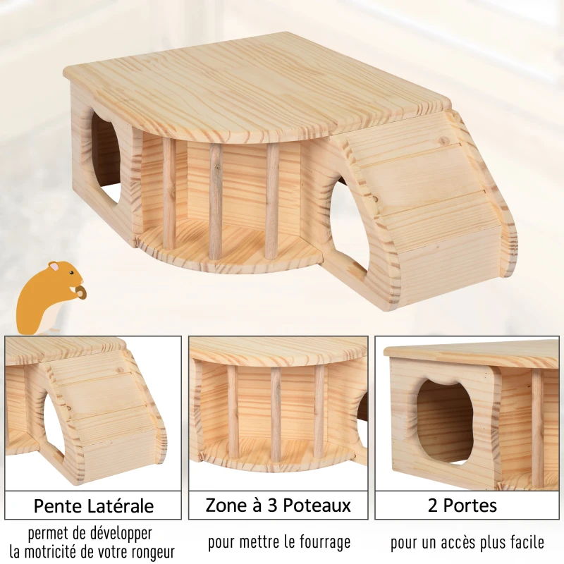 PawHut Maisonnette pour rongeurs abri pour rongeurs 2 entrées rampe et espace foin dim. 60L x 37l x 19H cm bois naturel sapin
