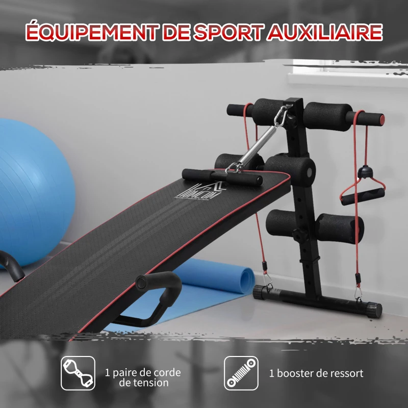 HOMCOM Banc de musculation appareil à abdo hauteur réglable 137,5L x 55,5l x 50-68H cm 2 bandes de résistances + ressort central traction acier noir rouge