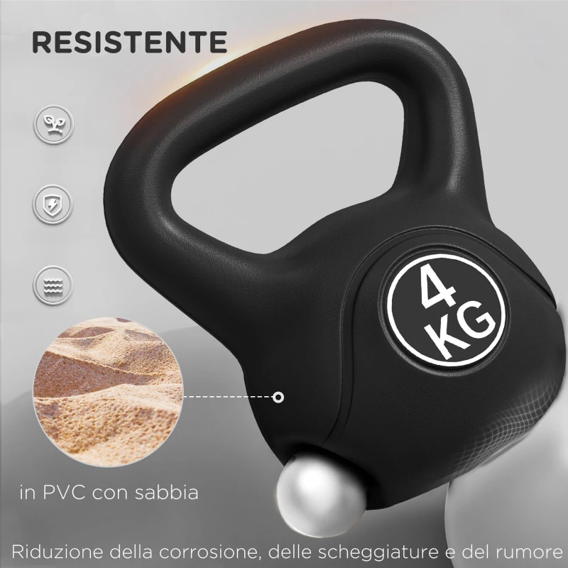 HOMCOM Kettlebell 4kg in Plastica e Sabbia con Base Piatta e Impugnatura, 18x12x20 cm, Nero