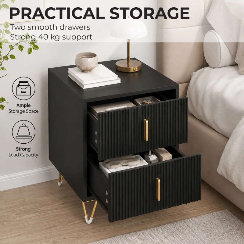 HOMCOM Elegant Fluted Bedside Table - Black/Gold-Tone