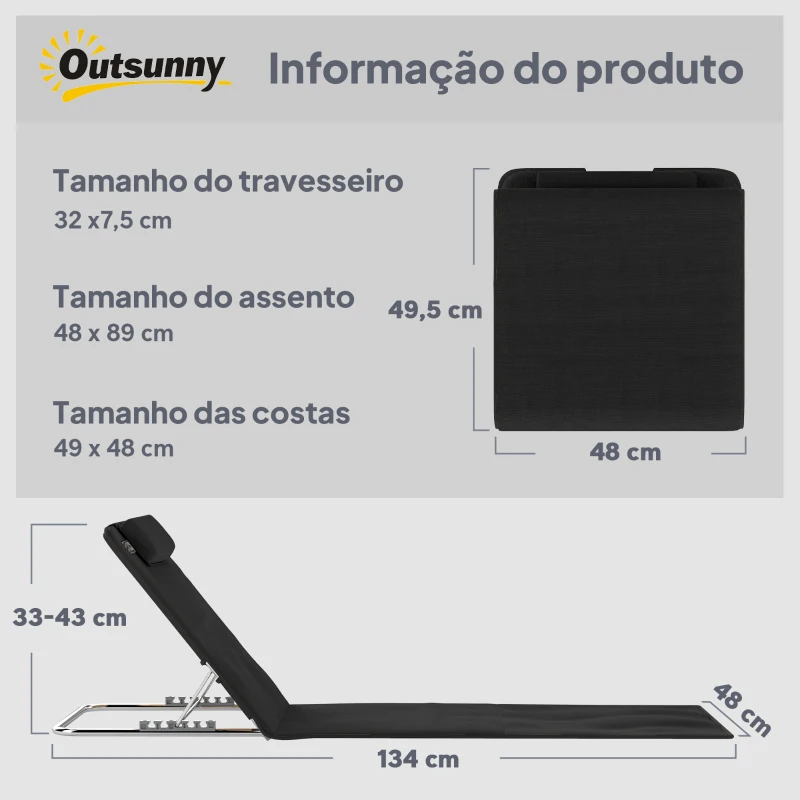 Outsunny Conjunto de 2 Esteiras de Praia com Encosto Reclinável em 5 Níveis Bolsa de Transporte e Apoio de Cabeça 48x134x33-43 cm Preto