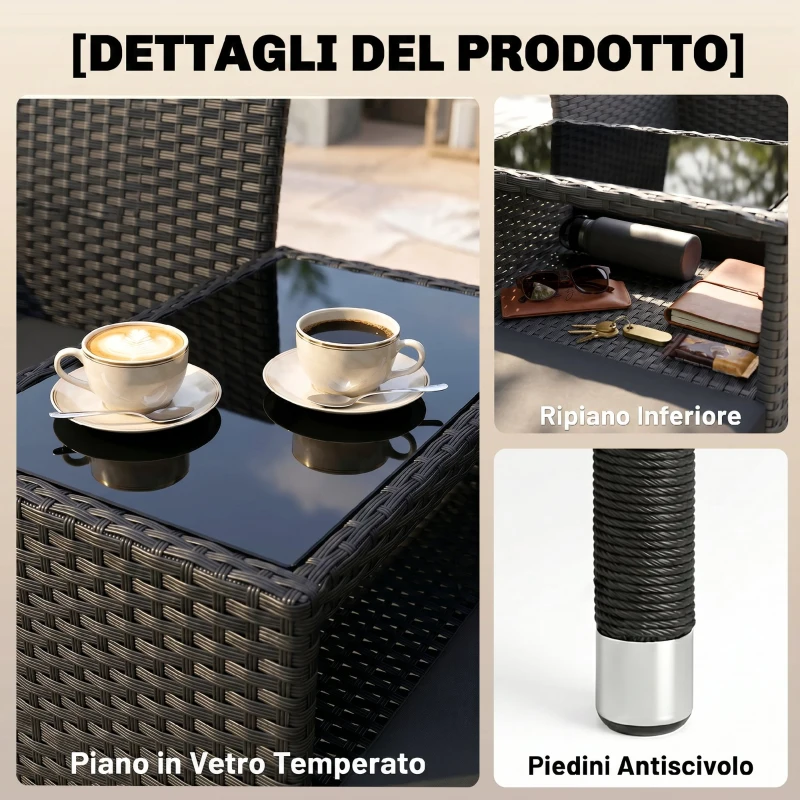 Outsunny Divanetto per Esterni 2 Posti con Tavolino da Caffè, in Acciaio e Rattan PE, 137x59x82 cm, Nero