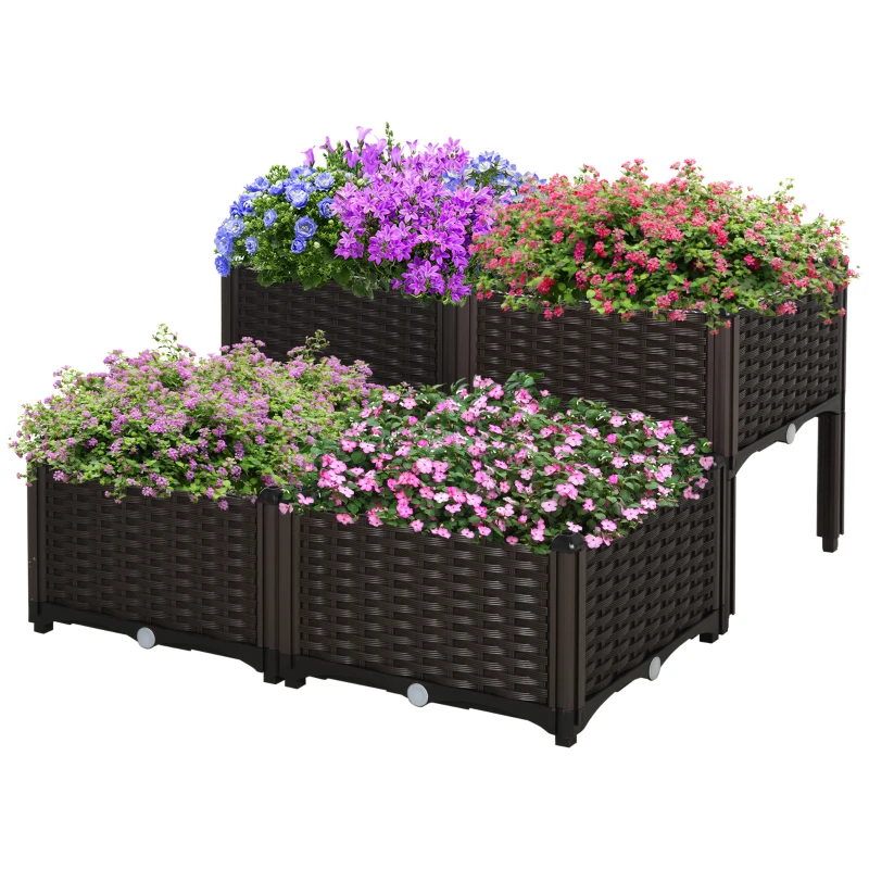 Outsunny verhoogd bed, 4-delige plantenbak met afwateringsgaten, plantenkasst in rotan-look, PP, bruin