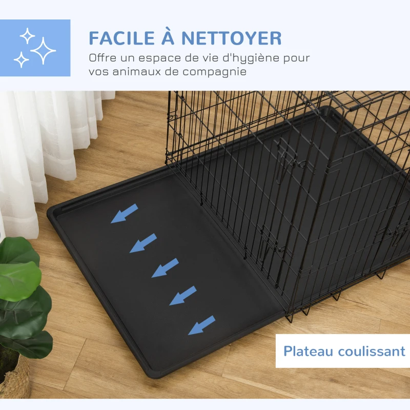 PawHut Cage caisse de transport pliante pour chien en acier 2 portes verrouillables 121 x 77 x 82 cm noir