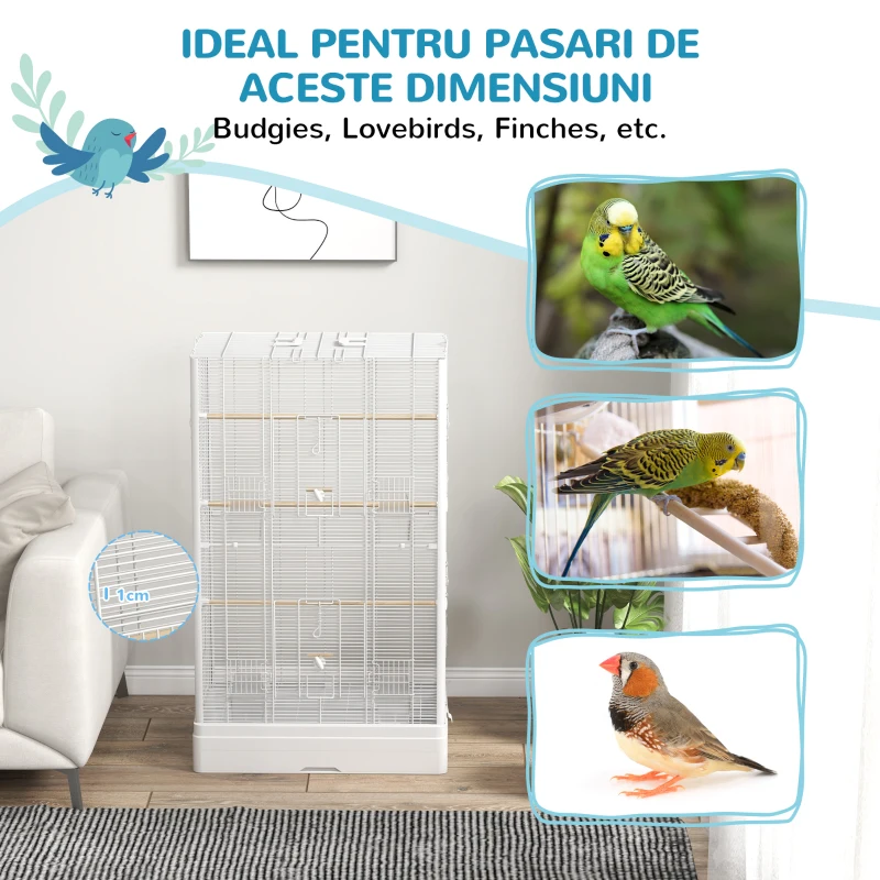 PawHut Colivie pentru Păsări cu Tăviță Detașabilă și Bare de Odihnă, Volieră pentru Papagali, 61x36.5x98 cm, Alb