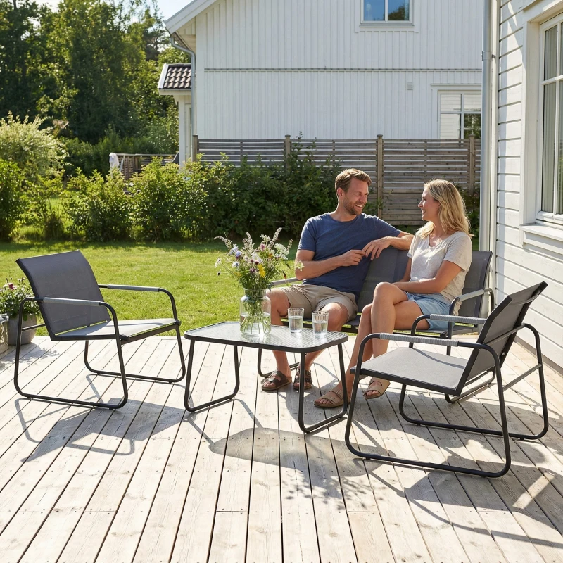 Outsunny Conjunto de Jardim Exterior com 1 Sofá de 2 Lugares 2 Poltronas e Mesa com Tampo de Vidro Temperado Textilene Respirável Cinzento