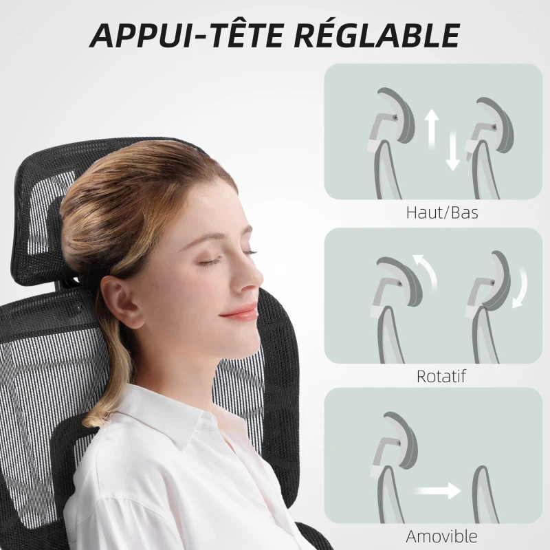HOMCOM Fauteuil de bureau, chaise de bureau ergonomique en maille avec accoudoirs 3D, dossier inclinable, 66x64x122 cm, noir