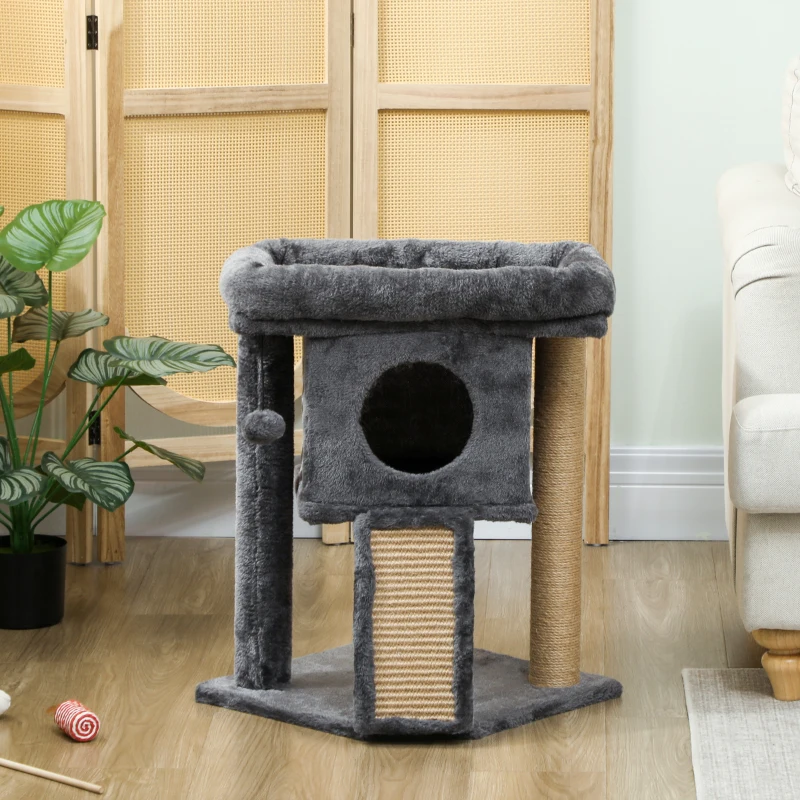 PawHut Arranhador para Gatos Pequenos 57 cm com Rampa para Arranhar Caverna Cama e Bola Suspensa 40x40x57 cm Cinzento Escuro