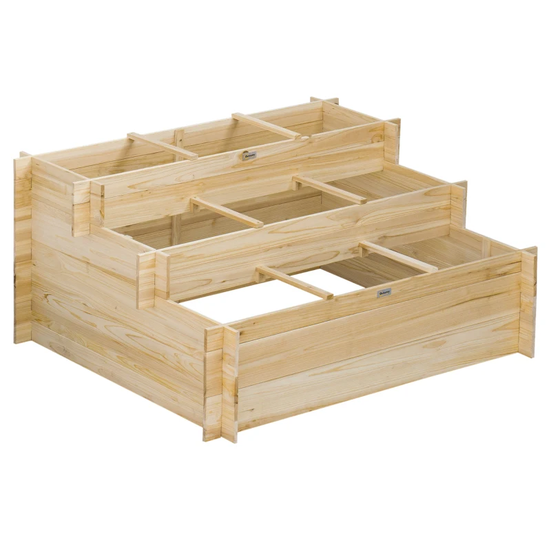 Outsunny Caixa de Plantio de Madeira de 3 Níveis Horta Vertical em Escada com Malha Geotextil para Cultivos de Plantas Flores para Jardim Terraço Exterior 117x100x54cm Natural