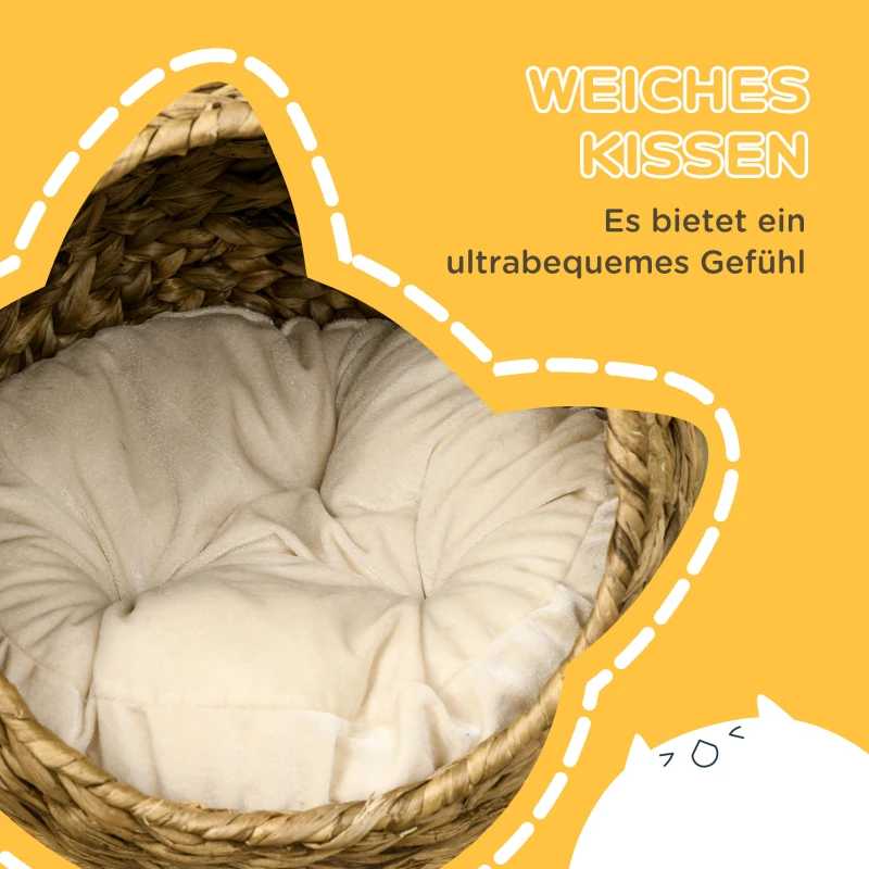 PawHut Rattan Katzenkorb Katzenhöhle Katzenhütte Katzenbett mit Kissen Haustierbett Wasserhyazinthe Braun 40 x 37 x 51 cm