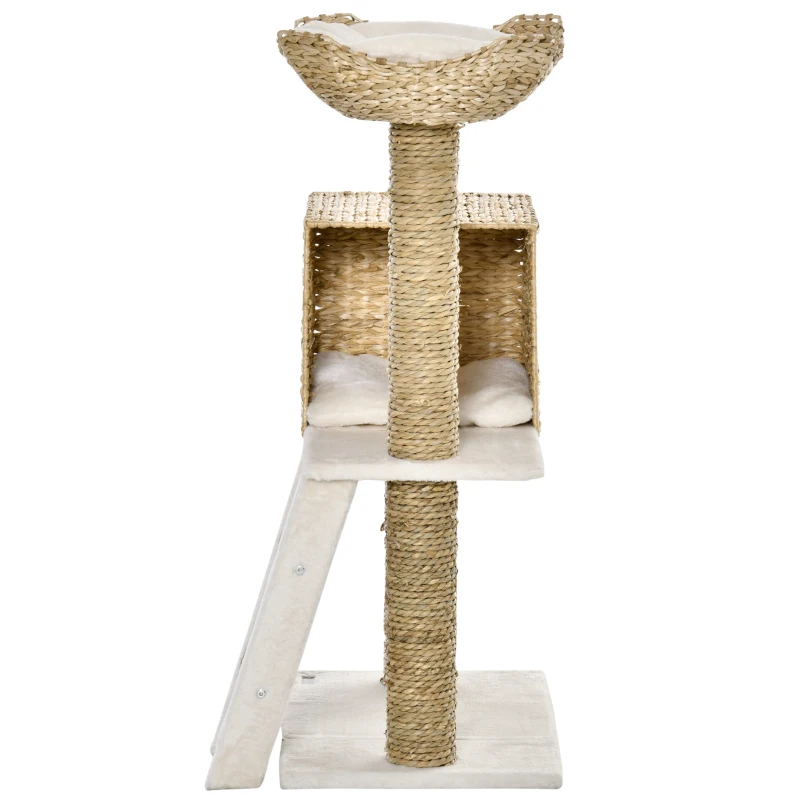 PawHut Krabpaal met Kattenhuis, Sisal Krabpalen, Wasbare Kussens, 100,5H x 57L x 37B cm, Wit/Natuur
