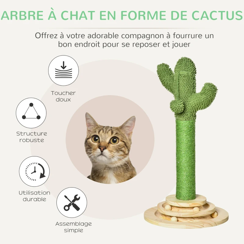 PawHut Arbre à chat griffoir forme de cactus en sisal naturel pompon suspendu et plateforme de jeu boules Ø 32 x 60 cm vert