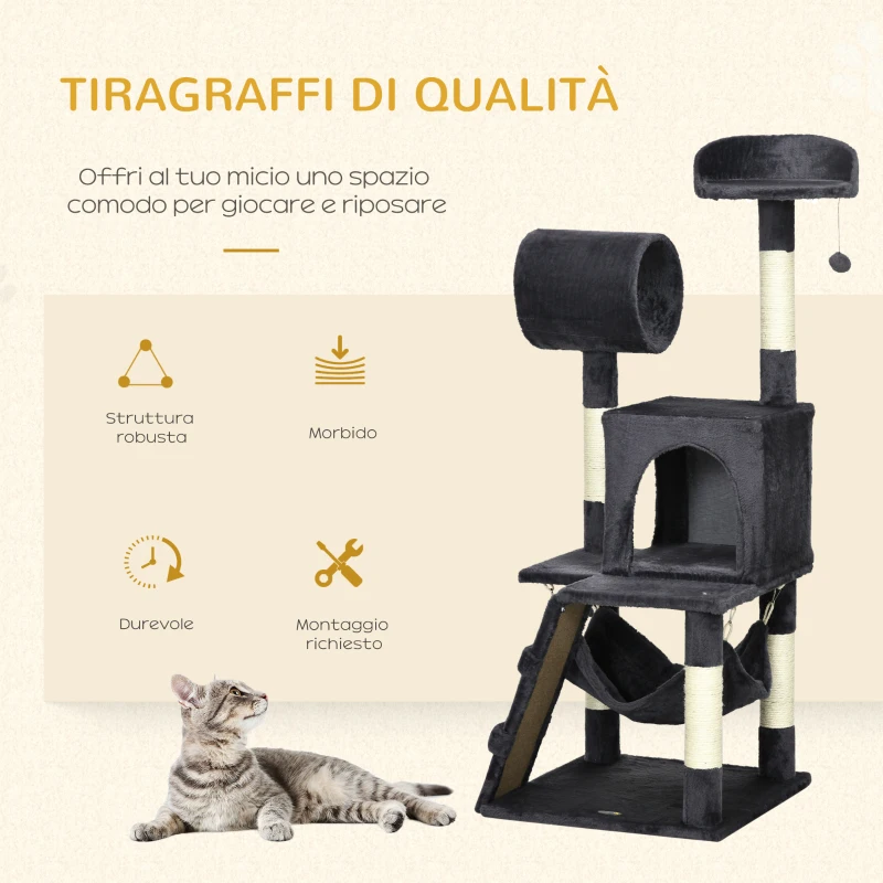 PawHut Albero per Gatti con Tiragraffi per Gatti, Casetta per Gatti, Amaca, Letto, Tunnel e Pallina, 48x48 x125 cm, Grigio Scuro