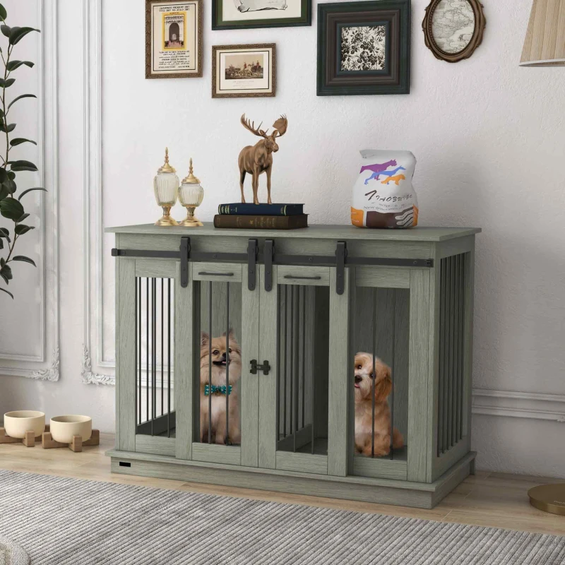 PawHut Dog Crate Furniture for Large Dogs, Double Dog Cage for Small Dogs, with Divider - Grey
