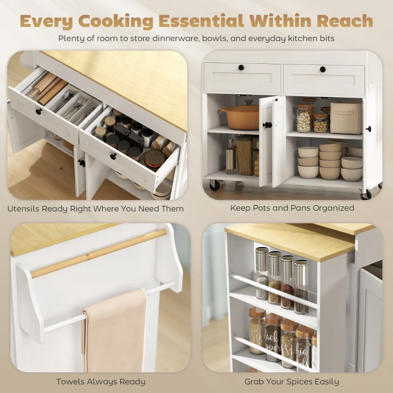 HOMCOM Rolling Kitchen with Expandable Top, Kitchen Island on Wheels with USB Ports & Power Outlets, Storage, White