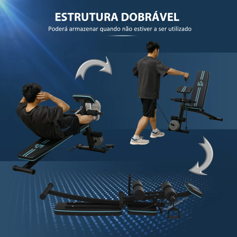 HOMCOM Banco de Musculação com Encosto Ajustável em 7 Posições Extensão de Pernas e Banda de Resistência 54x160x106cm Preto e Azul
