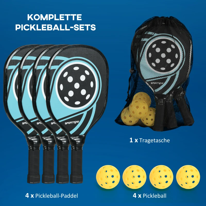 SPORTNOW Pickleball-set met 4 rackets, 4 ballen, draagtas, lichtgewicht en duurzaam, blauw+zwart