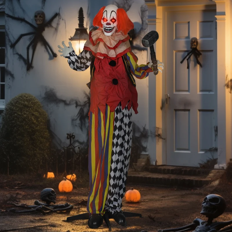 Outsunny Angstaanjagende Clown, Halloween-animatronic, 173 cm, oplichtende ogen, Geluid Activering, Beweegbare Armen en Hoofd, Batterijgevoed, Kunststof, Metaal, Rood(m-2)