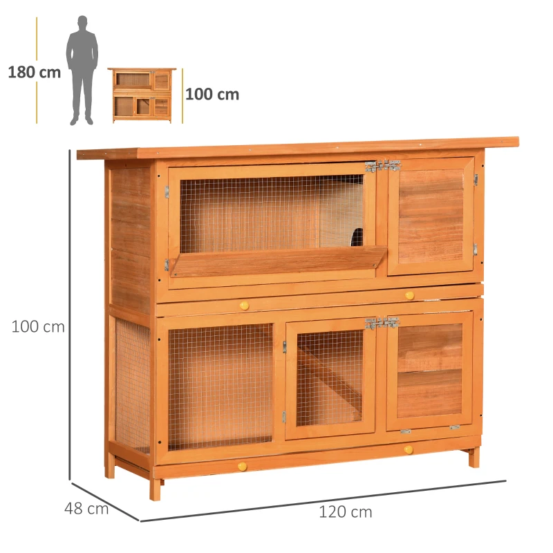 PawHut Conigliera da Esterno in Legno con Casetta e Recinto a 2 Piani, 122x48x100 cm
