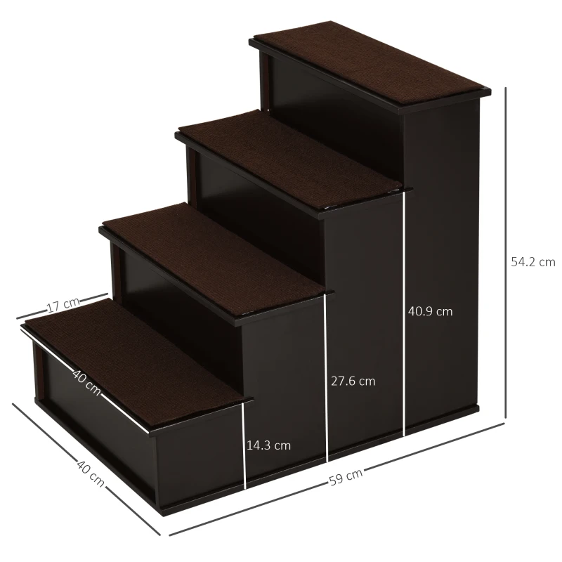 PawHut 4 Step Dog Steps for Bed, Wooden Dog Steps for Sofa, Pet Stairs for Bed Couch with Non-Slip Carpet for Cats and Puppies, 40 x 59 x 54.2 cm, Dark brown